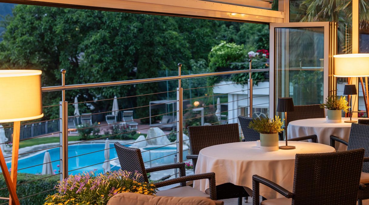 View on the outdoor pool from the restaurant